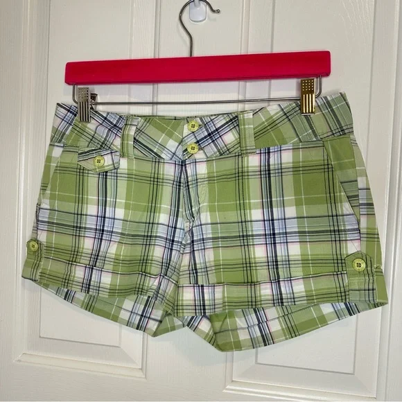 Y2K OTB Green Blue White Plaid Mini Short Sz 6 Scene Mcbling Indie Skater 2000s - Picture 1 of 8